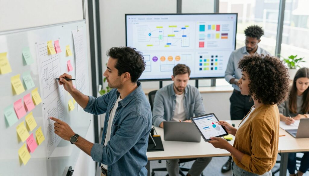 A diverse group of professionals engaged in a collaborative UI/UX design process, set in a modern, well-lit office environment. In the foreground, two designers, one male and one female, are sketching wireframes on a large whiteboard filled with colorful post-it notes. In the middle, a UX researcher is analyzing user feedback on a laptop, while another designer reviews a digital prototype on a tablet. The background features a large screen displaying flowcharts and design patterns. Soft, natural lighting pours in through large windows, creating a welcoming and focused atmosphere. The scene captures a sense of teamwork and creativity, with professionals in smart casual attire, conveying a productive and innovative workspace. The angle is slightly elevated to showcase the collaborative energy of the team. A diverse group of professionals engaged in a collaborative UI/UX design process, set in a modern, well-lit office environment. In the foreground, two designers, one male and one female, are sketching wireframes on a large whiteboard filled with colorful post-it notes. In the middle, a UX researcher is analyzing user feedback on a laptop, while another designer reviews a digital prototype on a tablet. The background features a large screen displaying flowcharts and design patterns. Soft, natural lighting pours in through large windows, creating a welcoming and focused atmosphere. The scene captures a sense of teamwork and creativity, with professionals in smart casual attire, conveying a productive and innovative workspace. The angle is slightly elevated to showcase the collaborative energy of the team.