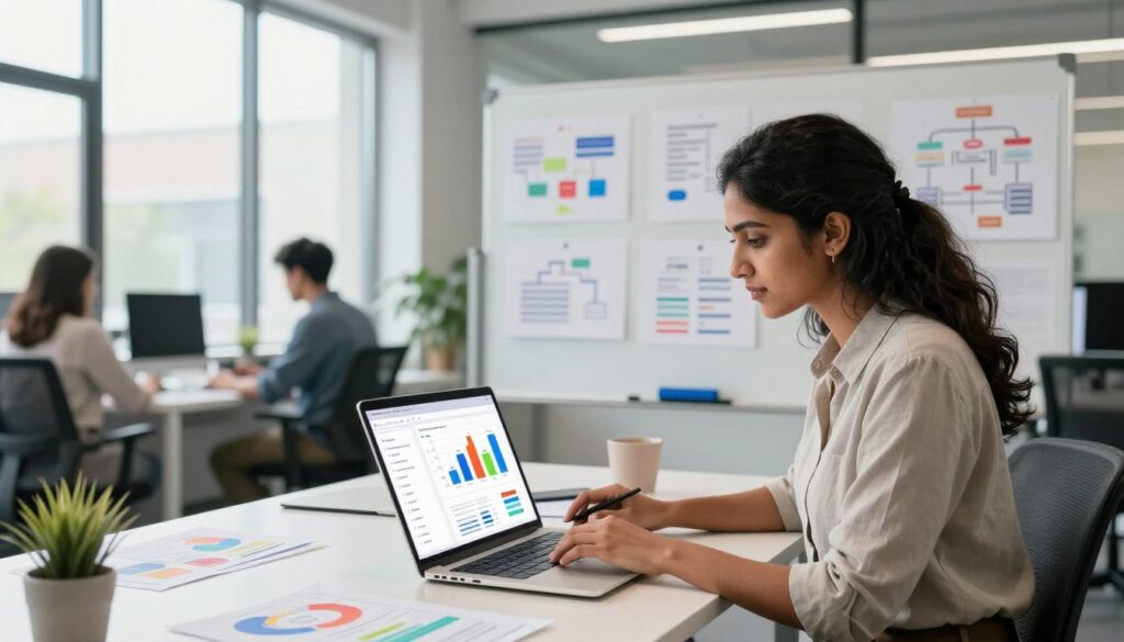 A modern office space illuminated by soft, natural light filtering through large windows, showcasing a focus on UI/UX design. In the foreground, a well-dressed UI/UX designer, a South Asian woman in smart casual attire, is intently examining interactive design prototypes on her laptop, with colorful charts and graphs representing salary trends displayed on a nearby wall. In the middle, a whiteboard filled with design sketches and user flow diagrams indicates an active brainstorming session. The background reveals other designers working collaboratively at sleek desks, emphasizing a dynamic and creative work environment. The mood is professional yet vibrant, symbolizing innovation and the importance of fair salaries in shaping careers in the design industry. A modern office space illuminated by soft, natural light filtering through large windows, showcasing a focus on UI/UX design. In the foreground, a well-dressed UI/UX designer, a South Asian woman in smart casual attire, is intently examining interactive design prototypes on her laptop, with colorful charts and graphs representing salary trends displayed on a nearby wall. In the middle, a whiteboard filled with design sketches and user flow diagrams indicates an active brainstorming session. The background reveals other designers working collaboratively at sleek desks, emphasizing a dynamic and creative work environment. The mood is professional yet vibrant, symbolizing innovation and the importance of fair salaries in shaping careers in the design industry.