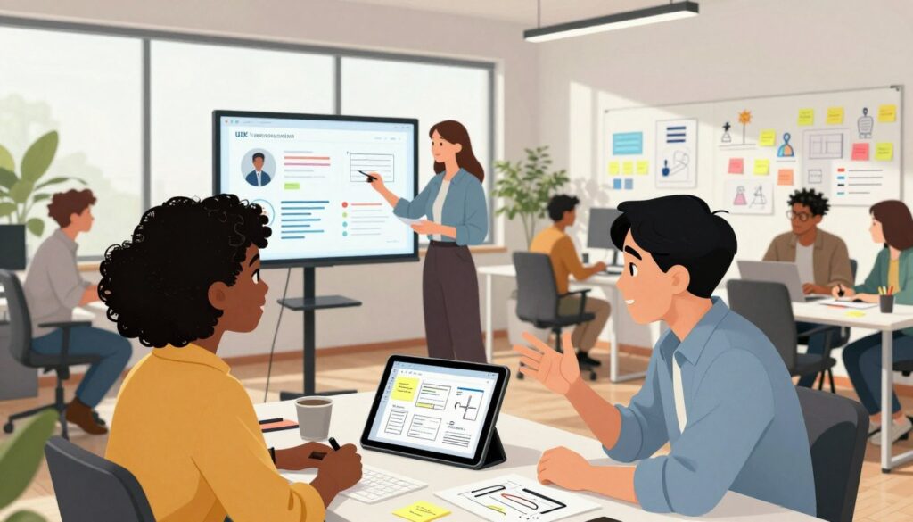 A diverse group of UX researchers collaborating with a product team in a modern office setting. In the foreground, two professionals, one Black woman and one Asian man, are deeply engaged in a discussion, surrounded by sticky notes and a digital tablet showing wireframes. The middle ground features a white female researcher analyzing user feedback on a large screen, while a Hispanic male designer sketches concepts on paper. The background showcases a bright, open workspace with large windows letting in natural light, plants for a calming atmosphere, and whiteboards filled with sticky notes and diagrams. The mood is focused and collaborative, embodying teamwork and innovation. A diverse group of UX researchers collaborating with a product team in a modern office setting. In the foreground, two professionals, one Black woman and one Asian man, are deeply engaged in a discussion, surrounded by sticky notes and a digital tablet showing wireframes. The middle ground features a white female researcher analyzing user feedback on a large screen, while a Hispanic male designer sketches concepts on paper. The background showcases a bright, open workspace with large windows letting in natural light, plants for a calming atmosphere, and whiteboards filled with sticky notes and diagrams. The mood is focused and collaborative, embodying teamwork and innovation.