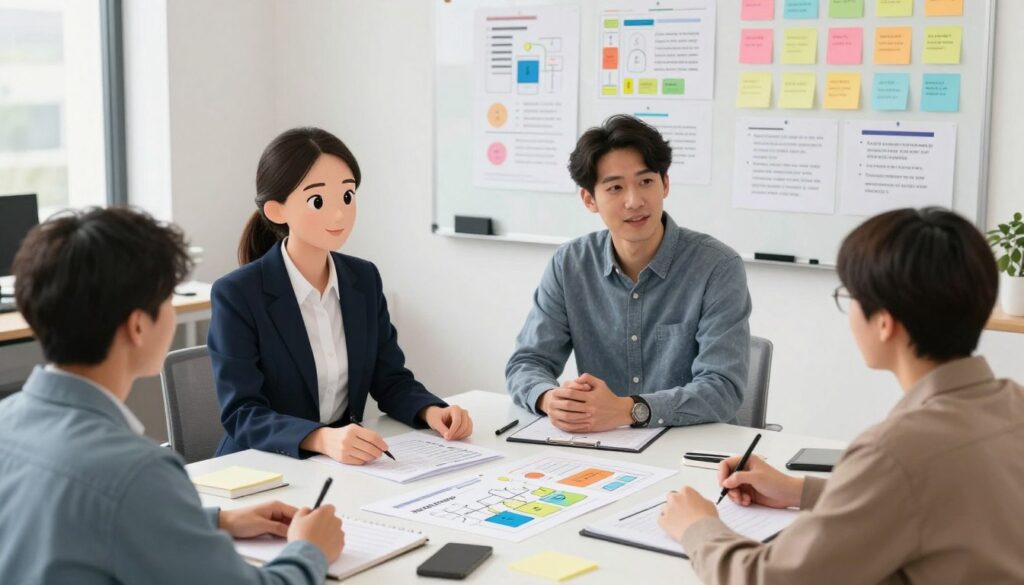 A modern office setting showcasing various user research techniques employed by UX researchers. In the foreground, a professional UX researcher, a woman in business attire, is observing participants engaged in usability testing at a table filled with prototypes and note-taking materials. In the middle ground, another researcher, a man wearing casual but neat clothing, conducts a structured interview with a participant, emphasizing interaction and engagement. The background features a whiteboard filled with colorful sticky notes and diagrams documenting user feedback and insights. Soft, natural lighting creates a collaborative and focused atmosphere, while a slightly elevated angle captures the dynamic interactions between researchers and participants, conveying a sense of active learning and discovery. A modern office setting showcasing various user research techniques employed by UX researchers. In the foreground, a professional UX researcher, a woman in business attire, is observing participants engaged in usability testing at a table filled with prototypes and note-taking materials. In the middle ground, another researcher, a man wearing casual but neat clothing, conducts a structured interview with a participant, emphasizing interaction and engagement. The background features a whiteboard filled with colorful sticky notes and diagrams documenting user feedback and insights. Soft, natural lighting creates a collaborative and focused atmosphere, while a slightly elevated angle captures the dynamic interactions between researchers and participants, conveying a sense of active learning and discovery.