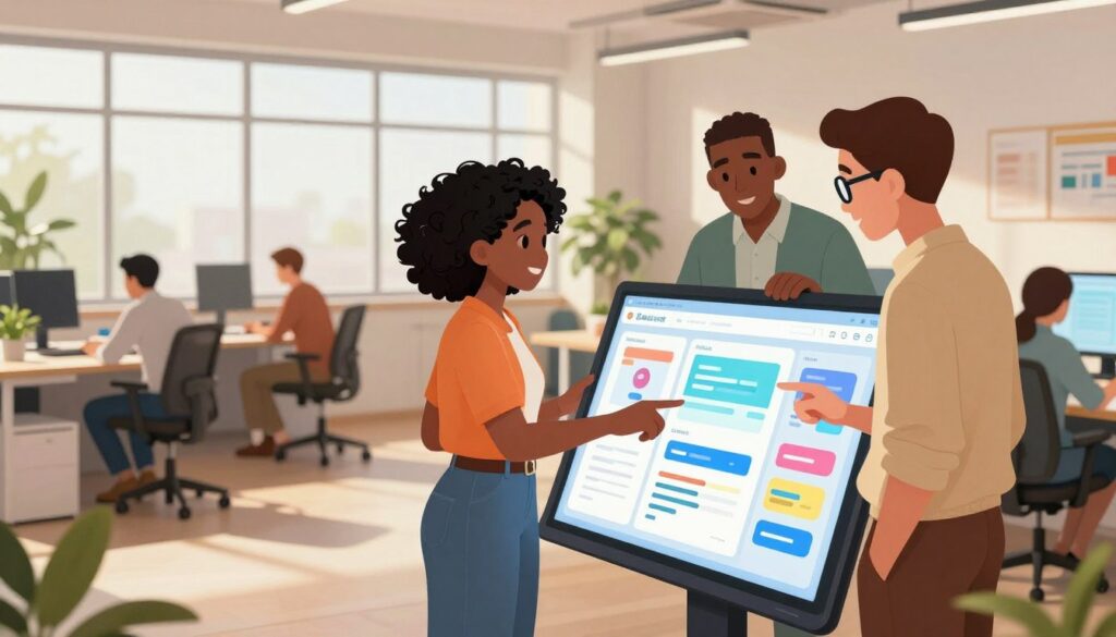 A modern office workspace showcasing accessible design principles. In the foreground, a diverse group of professionals—two women and one man—are discussing a colorful user interface prototype on a large touch screen. They are dressed in smart business attire. The woman on the left, with curly hair, points at the screen, while the man, wearing glasses, examines the design closely. The middle ground features adjustable desks and ergonomic chairs, promoting inclusivity. In the background, large windows let in soft natural light, creating a warm and inviting atmosphere. Plants adorn the space, adding a touch of greenery. The overall mood is collaborative and innovative, emphasizing a commitment to accessible design in user experience.